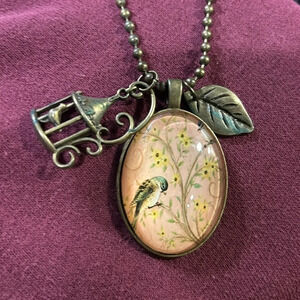 Handmade Mixed Charm & Pendent Glass Garden Brass Birdhouse & Leaf Necklace